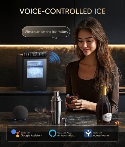 ecozy Nugget Ice Maker Countertop, First Full-Color Smart Panel 44 lbs/24H Ice Machine with APP & Voice Control, Double-Layer Insulation, Pull-Out Water Tank, Soft Pebble Chewable Ice, Self-Cleaning