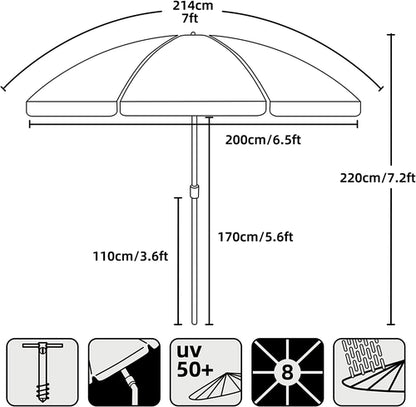 7Ft Heavy Duty Beach Umbrella UV 50 With Sand Anchor Tilt
