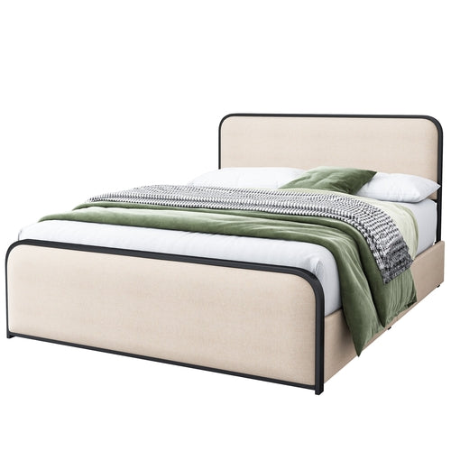 Modern Metal Bed Frame with Upholstered Curved Headboard and