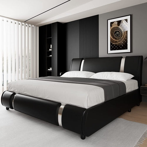 Queen Faux Leather Bed Frame With Adjustable Headboard
