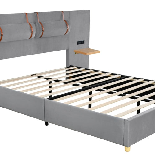 Upholstered Platform Bed with Outlets, USB Ports, Pillows and Storage