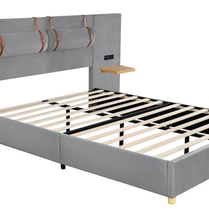 Upholstered Platform Bed with Outlets, USB Ports, Pillows and Storage