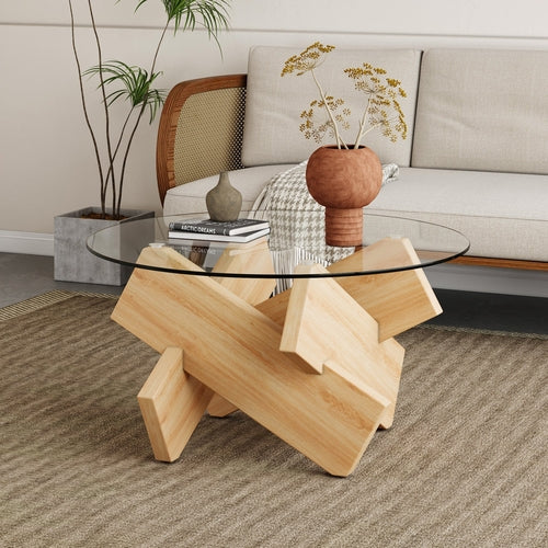 Modern Round Glass Coffee Table – 33.4" Tempered Glass Top with MDF