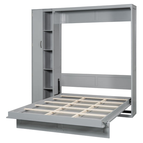 Queen Size Murphy Bed Wall Bed with Shelves, Wardrobe and LED Lights