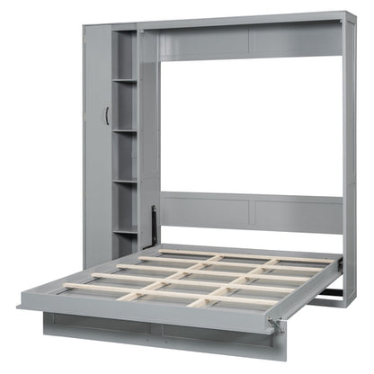 Queen Size Murphy Bed Wall Bed with Shelves, Wardrobe and LED Lights