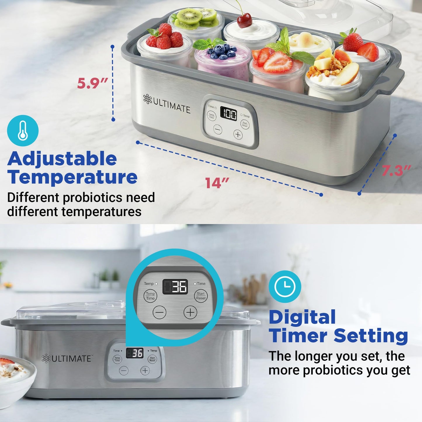Ultimate Probiotic Yogurt Maker with Adjustable Time & Temperature Control, Make Trillions of Probiotics for Better Gut Health, Two 1-Quart Containers for Larger Batches, ULTIMATE LIFETIME WARRANTY