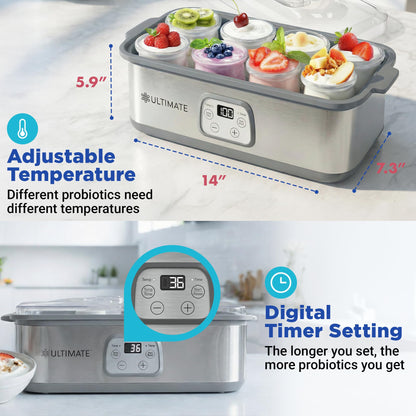Ultimate Probiotic Yogurt Maker with Adjustable Time & Temperature Control, Make Trillions of Probiotics for Better Gut Health, Two 1-Quart Containers for Larger Batches, ULTIMATE LIFETIME WARRANTY
