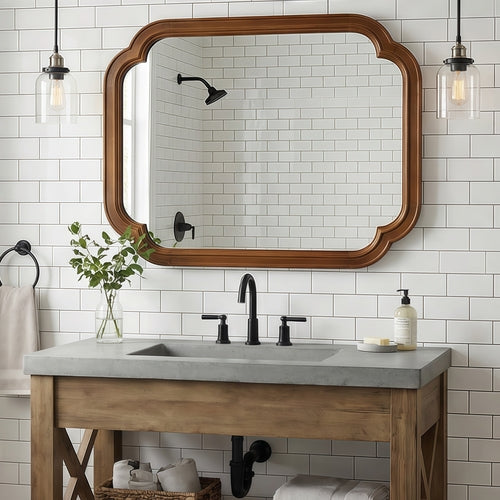 Solid Wood Frame Rounded Corner Decorative Mirror, For Bedroom,