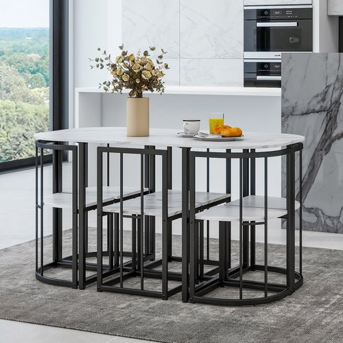 Modern 7-Piece Dining Table Set with Faux Marble Compact 55Inch