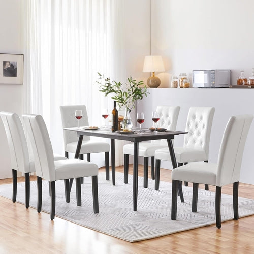 Dining Chairs Set of 6 White Leather Seat Solid Wood Legs