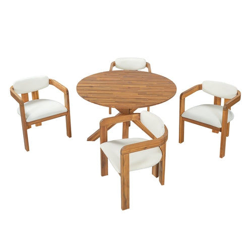 5-Piece Outdoor Acacia Wood Round Dining Set, Solid Wood Patio Table