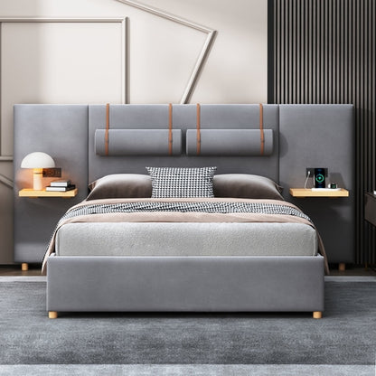 Upholstered Platform Bed with Outlets, USB Ports, Pillows and Storage