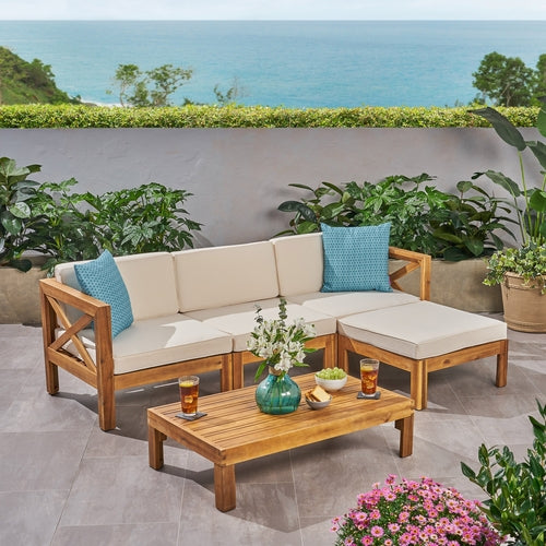 ALCOVE L-Shape Sofa Set Beige Acacia Wood with Water-Resistant