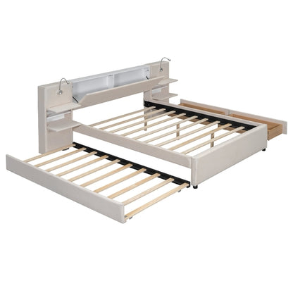 Queen Size Upholstered Platform Bed with Reading Lights, Drawers,