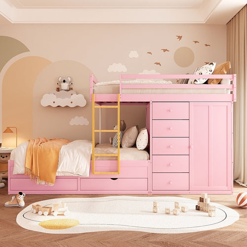 Full Size Bunk Bed with 2 Large Drawers & 5 Small Drawers, MDF & Solid