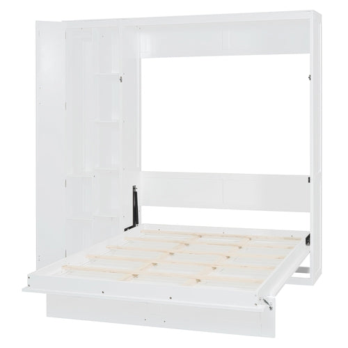 Queen Size Murphy Bed Wall Bed with Shelves, Wardrobe and LED Lights