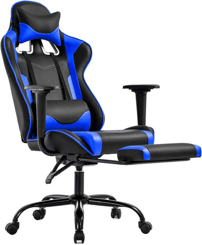 Blue Gaming Chair With Footrest And Lumbar Support For Desk