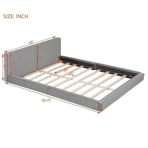 Queen Size Upholstered Platform Bed with Velvet Fabric, Grounded Bed