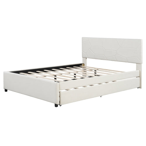 Queen Size Upholstered Platform Bed with Brick Pattern Headboard and