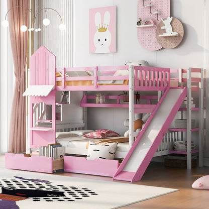 Full-Over-Full Castle Style Bunk Bed with 2 Drawers, 3 Shelves and