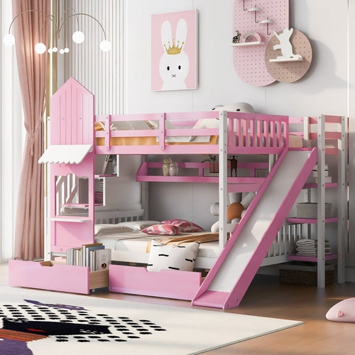 Full-Over-Full Castle Style Bunk Bed with 2 Drawers, 3 Shelves and