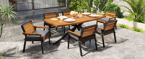 Modern 7-Piece Dining Set, Acacia Wood with Iron Frame, 6 Chairs with