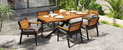 Modern 7-Piece Dining Set, Acacia Wood with Iron Frame, 6 Chairs with