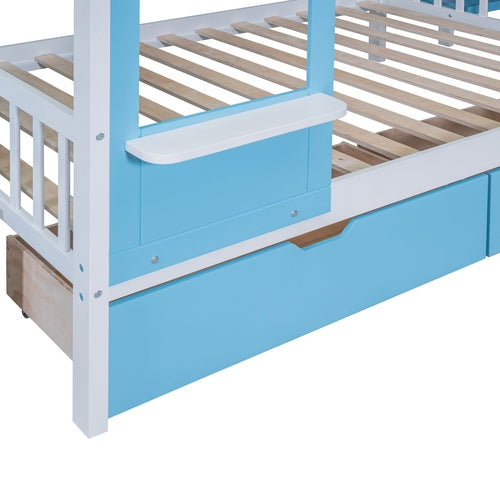 Full-Over-Full Castle Style Bunk Bed with 2 Drawers, 3 Shelves and
