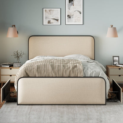 Modern Metal Bed Frame with Upholstered Curved Headboard and