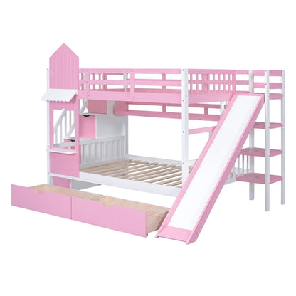 Full-Over-Full Castle Style Bunk Bed with 2 Drawers, 3 Shelves and