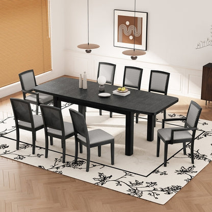 Rustic Extendable Dining Table Set with Removable Leaf, 6 Upholstered