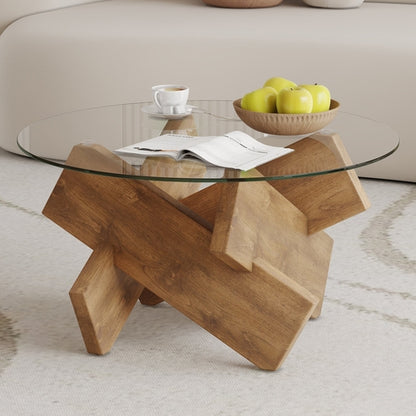 Modern Round Glass Coffee Table – 33.4" Tempered Glass Top with MDF