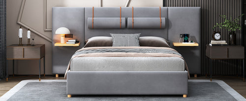 Upholstered Platform Bed with Outlets, USB Ports, Pillows and Storage