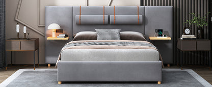 Upholstered Platform Bed with Outlets, USB Ports, Pillows and Storage