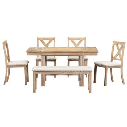 Farmhouse 82inch 6-Piece Extendable Dining Table with Footrest, 4