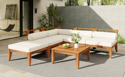 6 Piece Patio Sofa Set, Acacia Wood Outdoor Modular Sectional Garden