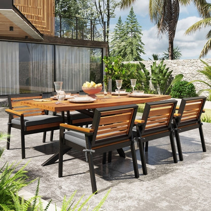 Modern 7-Piece Dining Set, Acacia Wood with Iron Frame, 6 Chairs with
