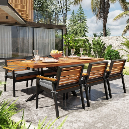 Modern 7-Piece Dining Set, Acacia Wood with Iron Frame, 6 Chairs with