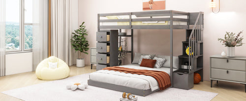 Twin Over Full Bunk Bed with 3-layer Shelves, Drawers and Storage
