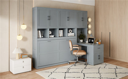 Twin Size Murphy Bed Wall Bed with Closet , Drawers & Desk-Gray