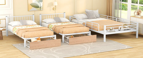 Full Over Twin & Twin Bunk Bed, Metal Triple Bunk Bed with Drawers and