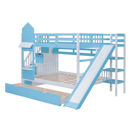 Full-Over-Full Castle Style Bunk Bed with 2 Drawers, 3 Shelves and