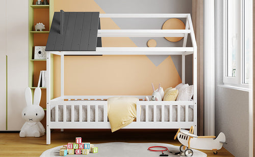 Twin Size Wood House Bed with Fence,White+Gray