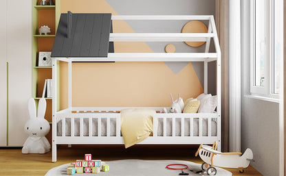 Twin Size Wood House Bed with Fence,White+Gray