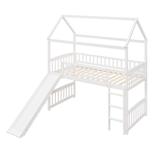 Twin Loft Bed with Slide, House Bed with Slide,White