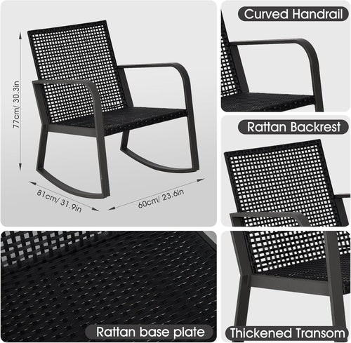 Blue 3 Piece Patio Bistro Set With Rocking Chairs And Cushioned Seats