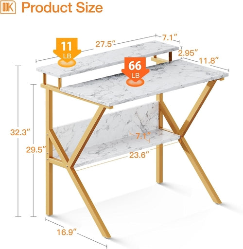 27.5 Inch Computer Desk With Monitor Stand And Storage White Marble