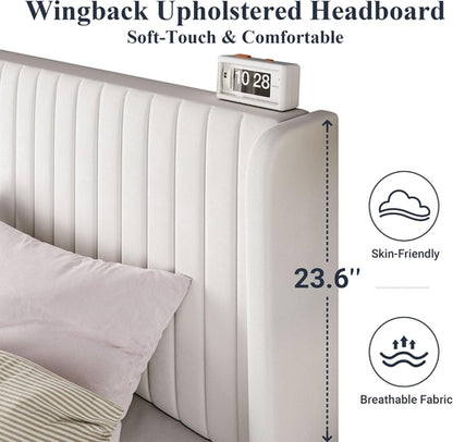 White Velvet Full Bed Frame Wingback, Easy Assembly.