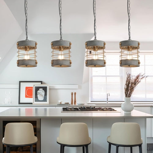 Rustic Farmhouse Pendant Light Adjustable Metal And Wood Blue Gray