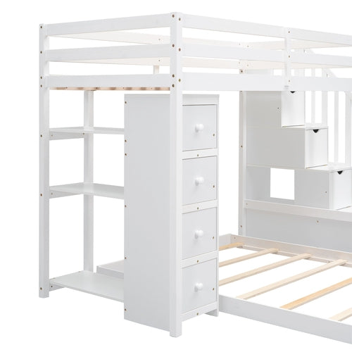 Twin Over Full Bunk Bed with 3-layer Shelves, Drawers and Storage
